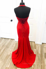 Prom Dress Inspo, Halter Neck Mermaid Backless Red Lace Long Prom Dresses, Mermaid Red Formal Dresses, Red Lace Evening Dresses