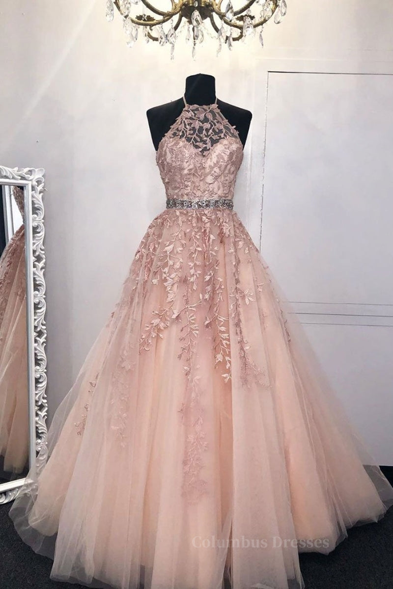 Evening Dresses Long, Halter Neck Pink Lace Long Prom Dress with Belt, Pink Lace Formal Dress, Pink Evening Dress