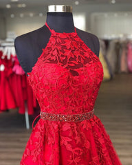 Prom Dresses Piece, Halter Neck Short Red Lace Prom Dresses, Short Red Lace Formal Homecoming Dresses