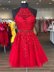 Prom Dress Pieces, Halter Neck Short Red Lace Prom Dresses, Short Red Lace Formal Homecoming Dresses