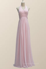 Bridesmaids Dresses Winter, Halter Pink Chiffon A-line Long Bridesmaid Dress