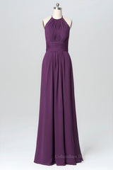 Groomsmen Attire, Halter Purple Chiffon A-line Long Bridesmaid Dress