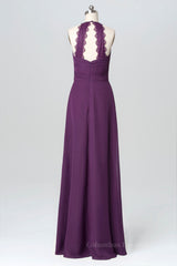 Bridesmaid Dresses Modest, Halter Purple Chiffon A-line Long Bridesmaid Dress