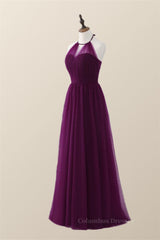 Party Dress Style, Halter Purple Tulle Long Bridesmaid Dress