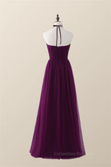 Party Dresses Style, Halter Purple Tulle Long Bridesmaid Dress