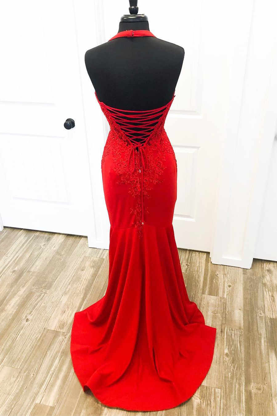 Formal Dress Suits For Ladies, Halter Red Mermaid Long Prom Dresses Lace Appliques