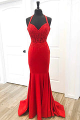 Formal Dresses, Halter Red Mermaid Long Prom Dresses Lace Appliques