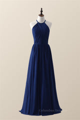 Homecoming Dresses Simpl, Halter Royal Blue Pleated Long Bridesmaid Dress