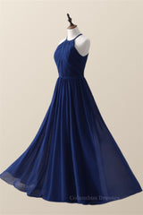 Homecoming Dress Boutiques, Halter Royal Blue Pleated Long Bridesmaid Dress