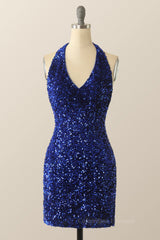 Bridesmaid Dress Formal, Halter Royal Blue Sequin Bodycon Dress