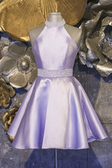 Bridesmaid Dresses Fall Color, Halter Short Lavender A Line Satin Homecoming Dress with Beading