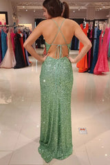 Halter Sparkly Green Sequins Long Prom Dress with Slit