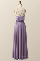 Prom Dresses Ball Gown Style, Halter Straps Purple Chiffon Long Bridesmaid Dress