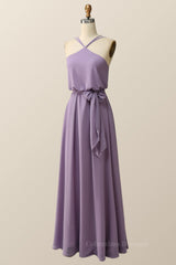 Prom Dresses For Teens Long, Halter Straps Purple Chiffon Long Bridesmaid Dress