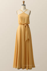 Semi Dress, Halter Straps Yellow Chiffon Long Bridesmaid Dress