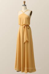 Evening Dresses Long, Halter Straps Yellow Chiffon Long Bridesmaid Dress