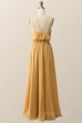 Evening Dresses Online Shopping, Halter Straps Yellow Chiffon Long Bridesmaid Dress
