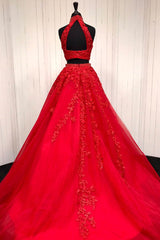Prom Dress Stores Near Me, Halter Two Piece Tulle Red Long Prom Dress With Beaded Appliques