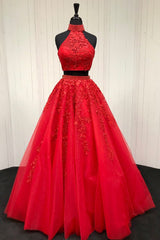 Prom Dresses Stores Near Me, Halter Two Piece Tulle Red Long Prom Dress With Beaded Appliques