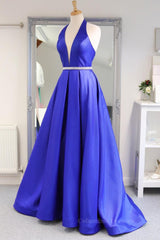 Party Dress Large Size, Halter V Neck Backless Blue Long Prom Dresses with Belt, Backless Blue Formal Evening Dresses