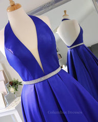 Party Dress Bridal, Halter V Neck Backless Blue Long Prom Dresses with Belt, Backless Blue Formal Evening Dresses