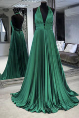 Sweet 56 Dress, Halter V Neck Backless Emerald Green Satin Long Prom Dress, Backless Emerald Green Formal Graduation Evening Dress