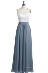 Prom Dress Blue, Halter White Lace and Dusty Blue Chiffon Long Bridesmaid Dress