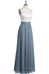 Night Dress, Halter White Lace and Dusty Blue Chiffon Long Bridesmaid Dress