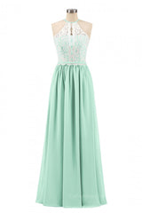 Evening Dresses For Ladies Over 86, Halter White Lace and Mint Green Chiffon Long Bridesmaid Dress