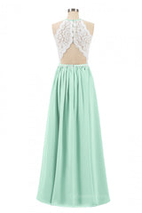 Evening Dresses Modest, Halter White Lace and Mint Green Chiffon Long Bridesmaid Dress