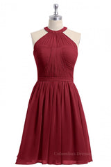 Formal Dress Inspo, Halter Wine Red Chiffon Short Bridesmaid Dress