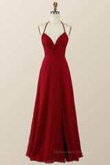 Formal Dress Stores, Halter Wine Red Empire A-line Long Bridesmaid Dress