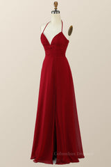 Formal Dresses Online, Halter Wine Red Empire A-line Long Bridesmaid Dress