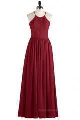 Evening Dresses 2060, Halter Wine Red Lace and Chiffon Long Bridesmaid Dress