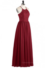 Evening Dress Princess, Halter Wine Red Lace and Chiffon Long Bridesmaid Dress