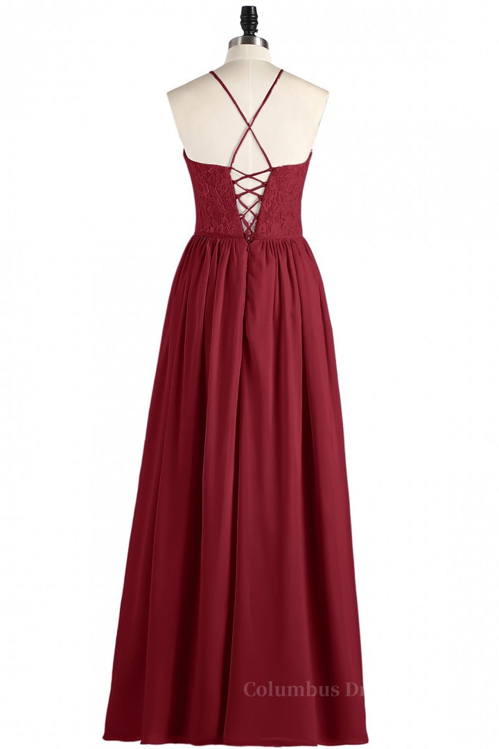 Evening Dress Long Elegant, Halter Wine Red Lace and Chiffon Long Bridesmaid Dress