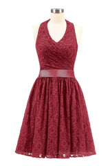 126 Prom Dress, Halter Wine Red Lace Short A-line Bridesmaid Dress
