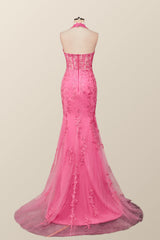 Bridesmaid Dresses Dusty Rose, Halter Fuchsia Yellow Lace Mermaid Prom Dress