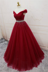 Prom Dress Red, Handmade A-line Prom Dress , Off Shoulder Wine Red Party Dress