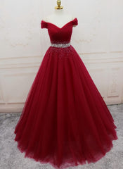 Party Dresses With Boots, Handmade A-line Prom Dress , Off Shoulder Wine Red Party Dress