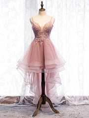 Prom Dresses For Kids, High Low Pink Lace Prom Dresses, Pink High Low Formal Graduation Homecoming Dresses
