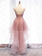 Pink Prom Dress, High Low Pink Lace Prom Dresses, Pink High Low Formal Graduation Homecoming Dresses