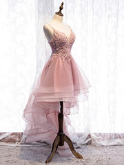Red Dress, High Low Pink Lace Prom Dresses, Pink High Low Formal Graduation Homecoming Dresses
