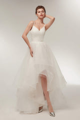 Wedding Dress With Corset, High Low Spaghetti Straps Minimalist Design Wedding Dresses