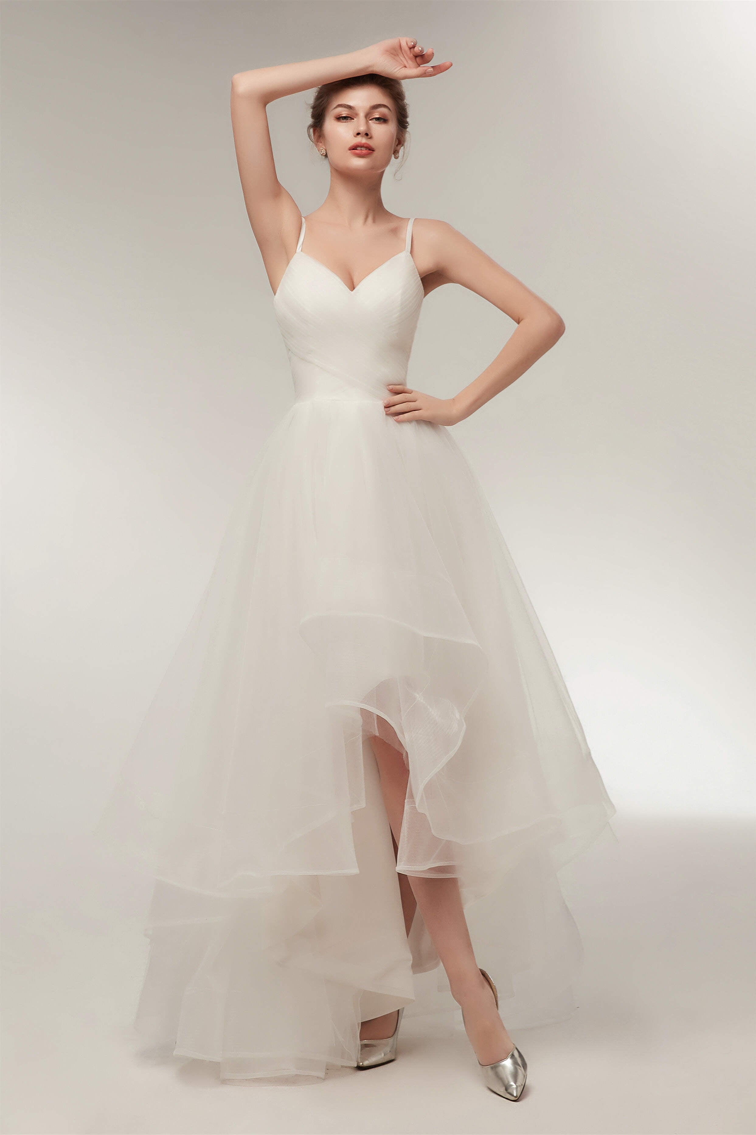 Wedding Dress With Long Sleeves, High Low Spaghetti Straps Minimalist Design Wedding Dresses