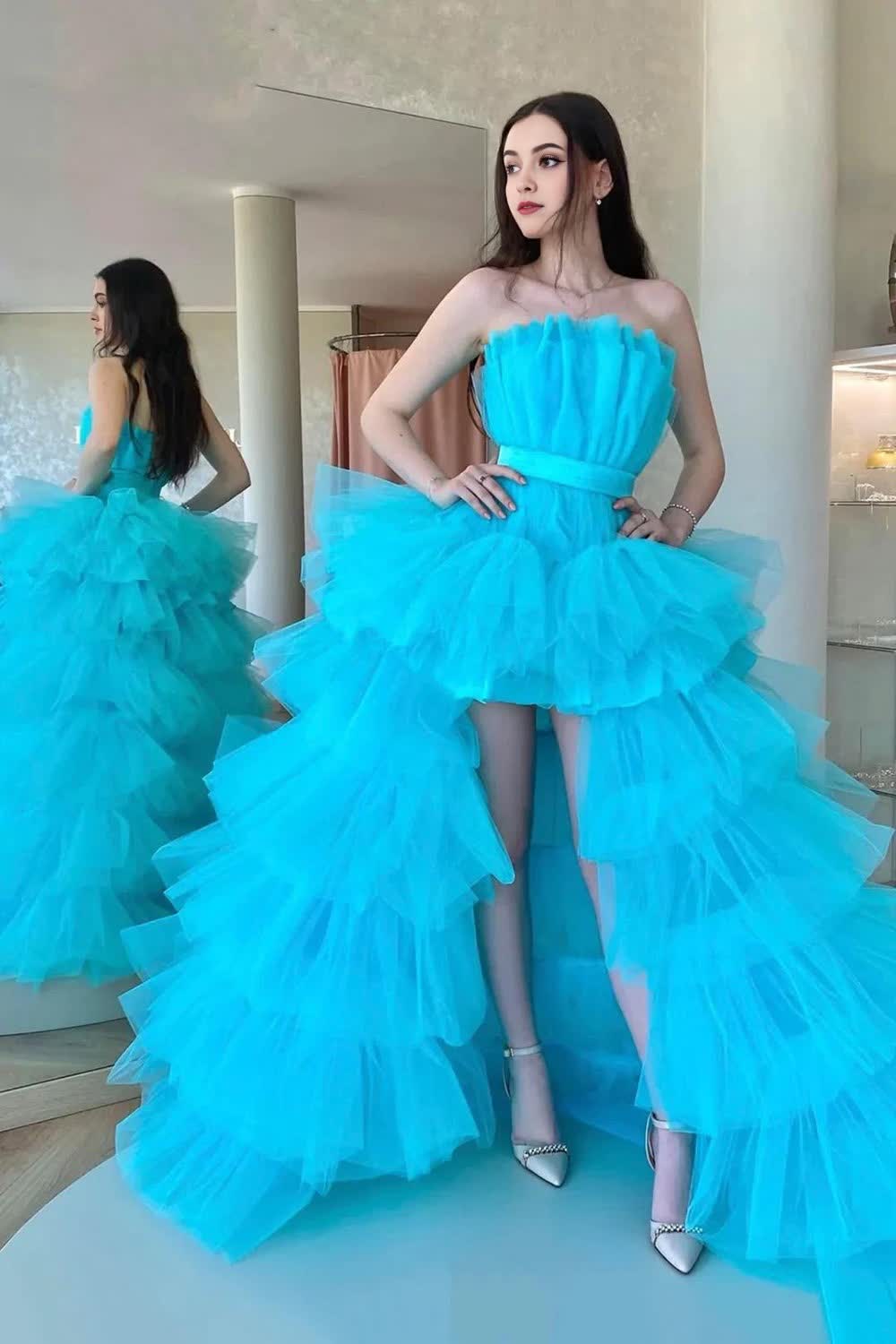 High Low Strapless Sky Blue Long Prom Dress with Criss Cross Back