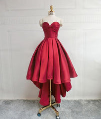 Homecoming Dresses For Middle School, High Low Sweetheart Neck Strapless Backless Satin Red Prom Dresses, Red Graduation Dresses, Red Backless Formal Evening Dresses