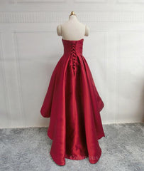 Homecoming Dresses 45 Year Old, High Low Sweetheart Neck Strapless Backless Satin Red Prom Dresses, Red Graduation Dresses, Red Backless Formal Evening Dresses