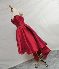 Homecoming Dresses Simples, High Low Sweetheart Neck Strapless Backless Satin Red Prom Dresses, Red Graduation Dresses, Red Backless Formal Evening Dresses