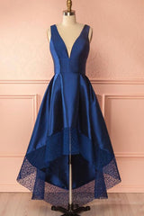 Party Outfit, High Low V Neck Blue Satin Prom Dresses, Open Back Blue Formal Dresses, Blue Evening Dresses